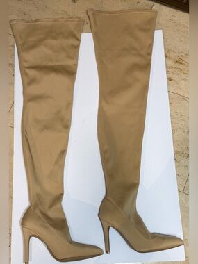 Beige Over-The-Knee Stretch Stiletto Boots Pointed Toe Size 7.5
